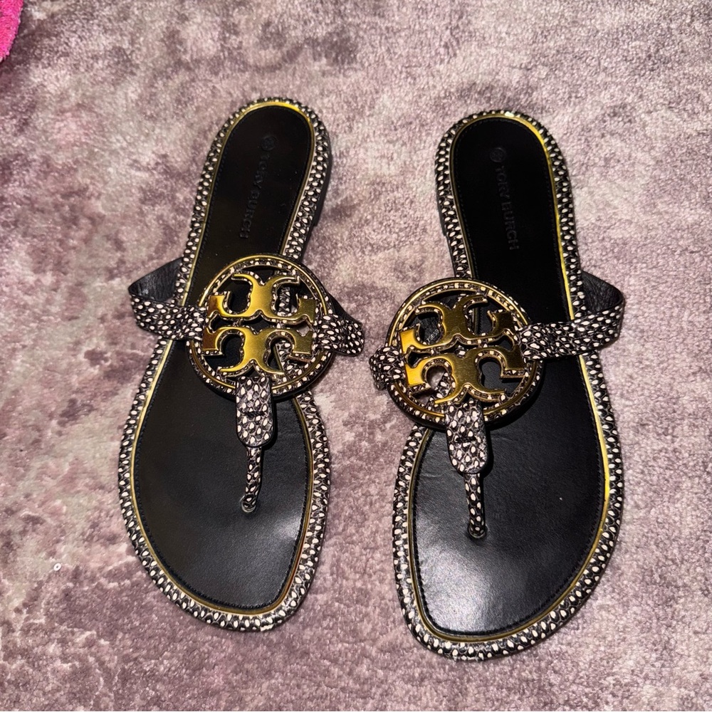 Tory Burch Black and Gold Sandals - Picture 2 of 6